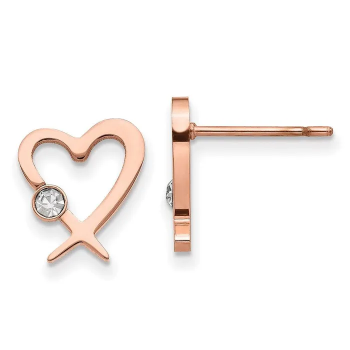 Chisel Earrings Stainless Steel Polished Rose IPplated wCrystal Heart Post Earrings Chisel Earrings Stainless Steel Polished Rose IPplated wCrystal Heart Post Earrings