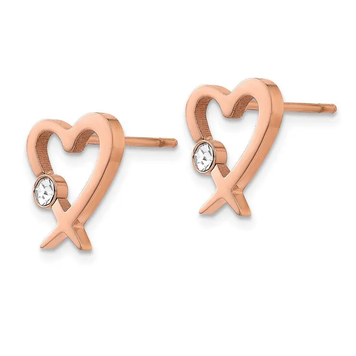Chisel Earrings Stainless Steel Polished Rose IPplated wCrystal Heart Post Earrings Chisel Earrings Stainless Steel Polished Rose IPplated wCrystal Heart Post Earrings