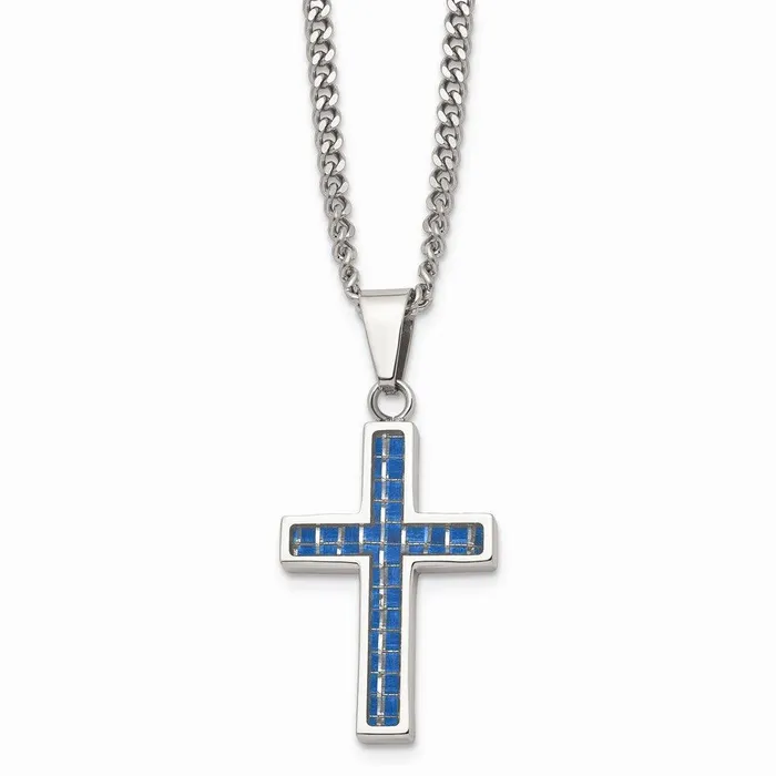 Chisel Necklaces Stainless Steel Blue Carbon Fiber Inlay Polished Small Cross Necklace Chisel Necklaces Stainless Steel Blue Carbon Fiber Inlay Polished Small Cross Necklace