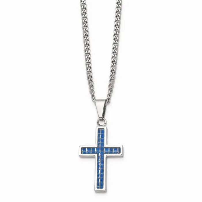 Chisel Necklaces Stainless Steel Blue Carbon Fiber Inlay Polished Small Cross Necklace Chisel Necklaces Stainless Steel Blue Carbon Fiber Inlay Polished Small Cross Necklace