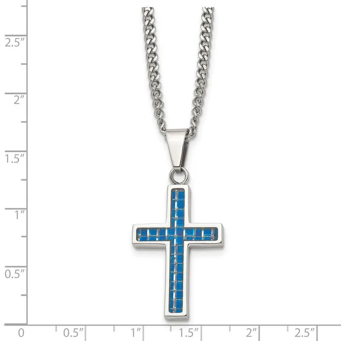 Chisel Necklaces Stainless Steel Blue Carbon Fiber Inlay Polished Small Cross Necklace Chisel Necklaces Stainless Steel Blue Carbon Fiber Inlay Polished Small Cross Necklace