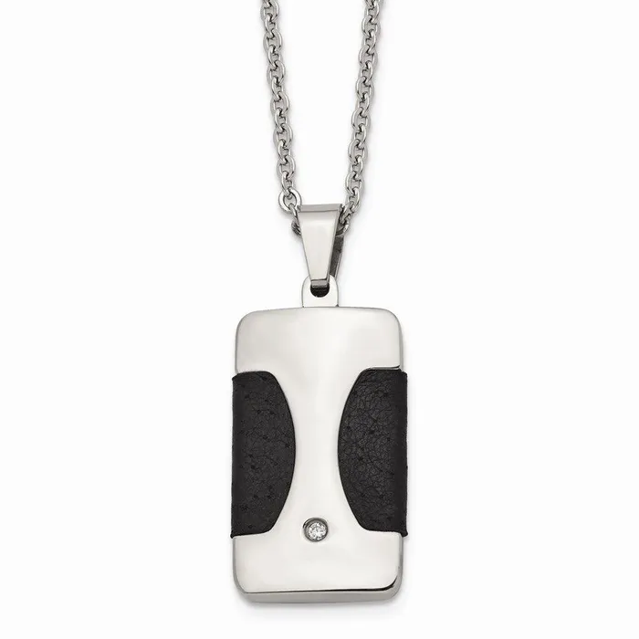Chisel Necklaces Stainless Steel Polished w CZ Leather Reversible Inlay Necklace Chisel Necklaces Stainless Steel Polished w CZ Leather Reversible Inlay Necklace