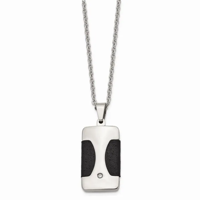 Chisel Necklaces Stainless Steel Polished w CZ Leather Reversible Inlay Necklace Chisel Necklaces Stainless Steel Polished w CZ Leather Reversible Inlay Necklace