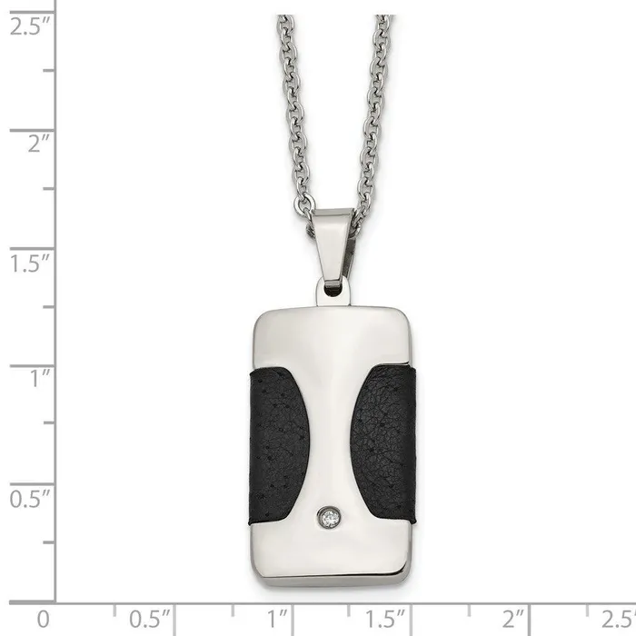 Chisel Necklaces Stainless Steel Polished w CZ Leather Reversible Inlay Necklace Chisel Necklaces Stainless Steel Polished w CZ Leather Reversible Inlay Necklace
