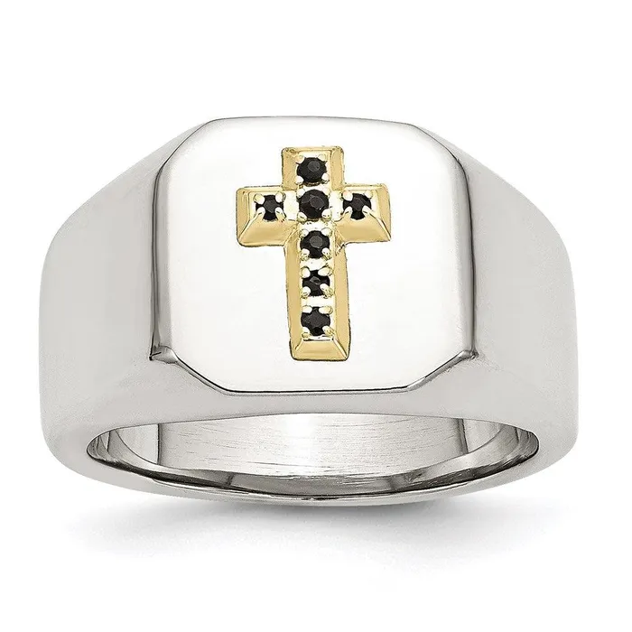 Chisel Rings Stainless Steel 14k w Sapphire Cross Ring
