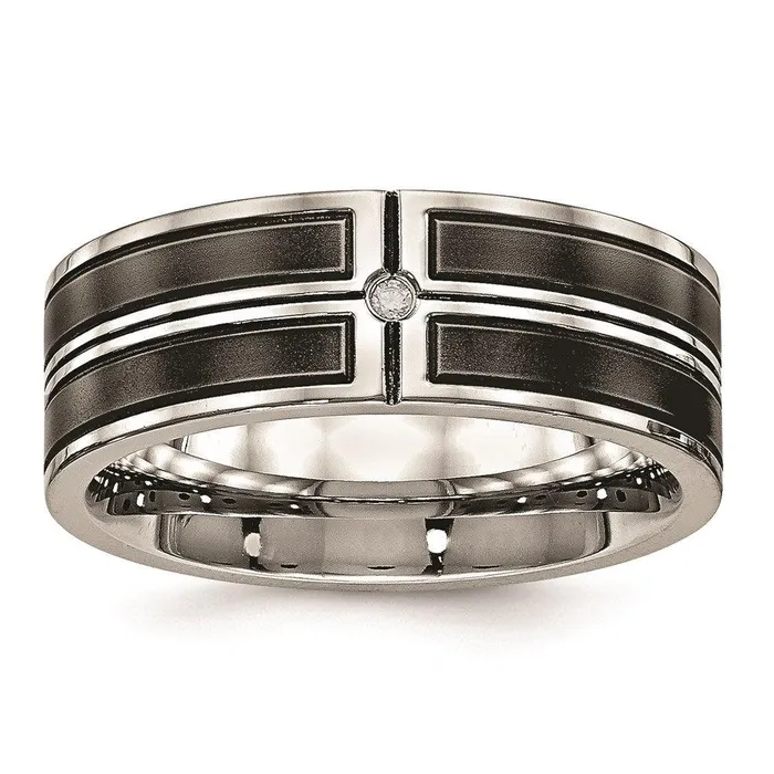 Chisel Rings Stainless Steel Brushed and Polished Black IP Plated CZ Band