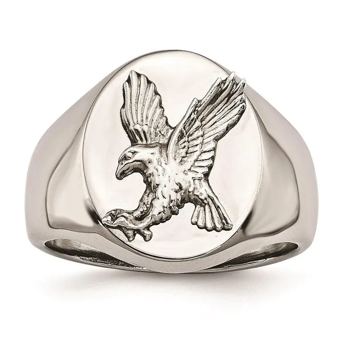 Chisel Rings Stainless Steel Polished wSterling Silver Rhodiumplated Eagle Ring