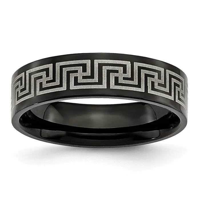 Chisel Rings Titanium Black IPplated Greek Key Laser Etched 6mm BrushedPolished Band TB363 Chisel Rings Titanium Black IPplated Greek Key Laser Etched 6mm BrushedPolished Band TB363