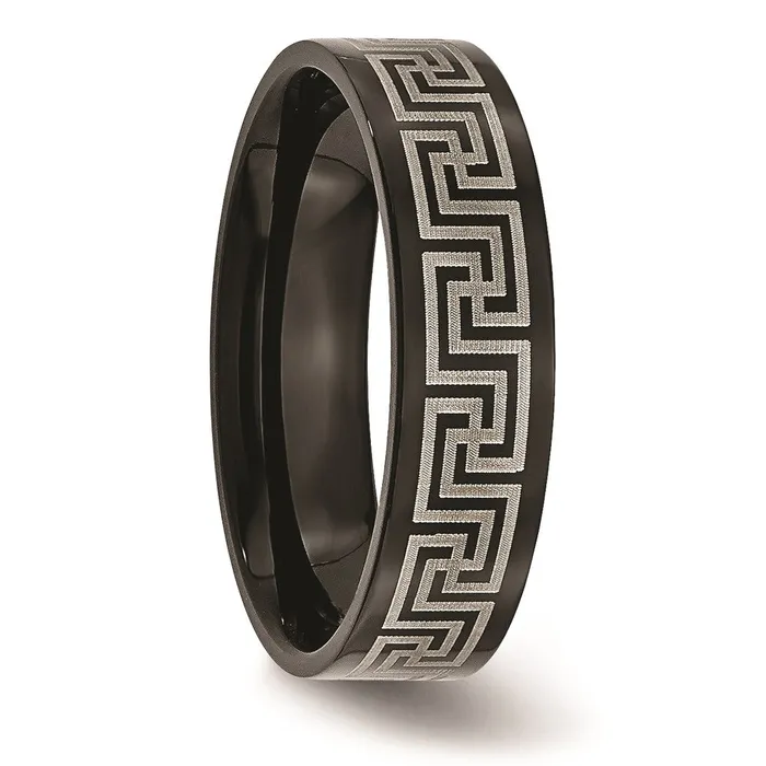 Chisel Rings Titanium Black IPplated Greek Key Laser Etched 6mm BrushedPolished Band TB363 Chisel Rings Titanium Black IPplated Greek Key Laser Etched 6mm BrushedPolished Band TB363
