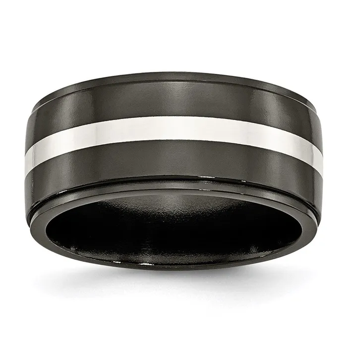 Chisel Rings Titanium Black Ti with Sterling Silver Inlay 10mm Polished Band TB288 Chisel Rings Titanium Black Ti with Sterling Silver Inlay 10mm Polished Band TB288