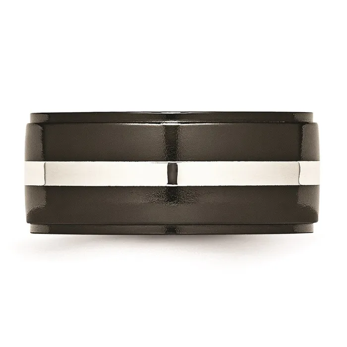 Chisel Rings Titanium Black Ti with Sterling Silver Inlay 10mm Polished Band TB288 Chisel Rings Titanium Black Ti with Sterling Silver Inlay 10mm Polished Band TB288