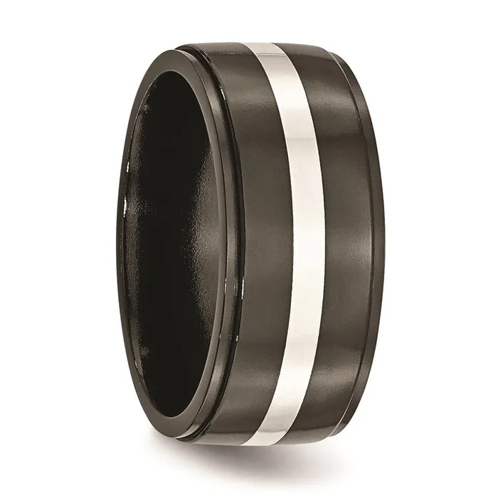 Chisel Rings Titanium Black Ti with Sterling Silver Inlay 10mm Polished Band TB288 Chisel Rings Titanium Black Ti with Sterling Silver Inlay 10mm Polished Band TB288