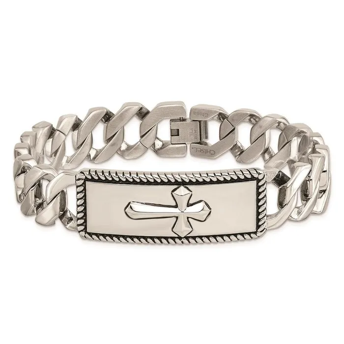 Chisel Stainless Steel Polished and Antiqued Cross Bracelet Bracelets Chisel Stainless Steel Polished and Antiqued Cross Bracelet Bracelets