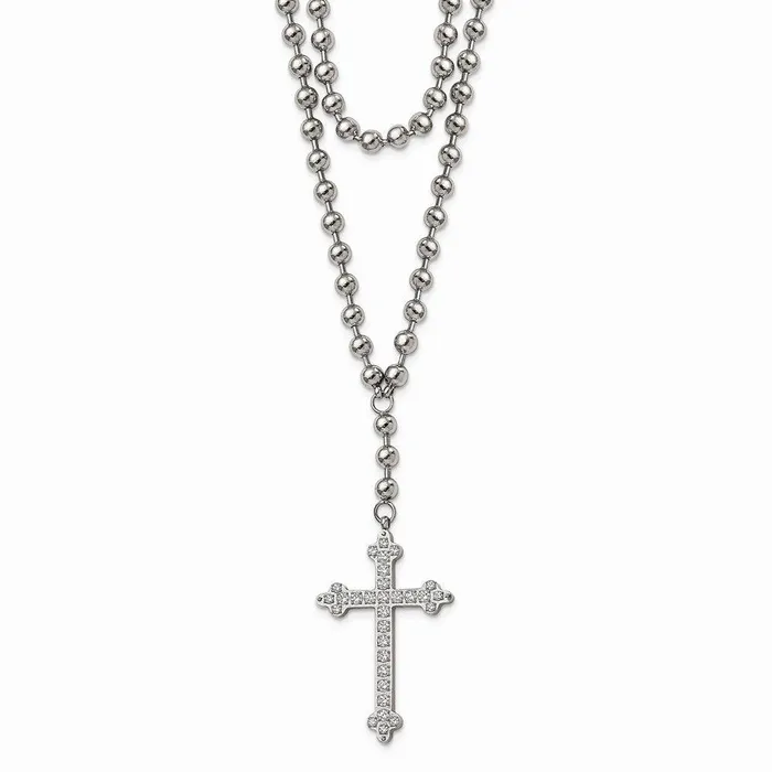 Chisel Stainless Steel Polished Cross wCrystal Two Bead Chain Necklace Necklaces Chisel Stainless Steel Polished Cross wCrystal Two Bead Chain Necklace Necklaces
