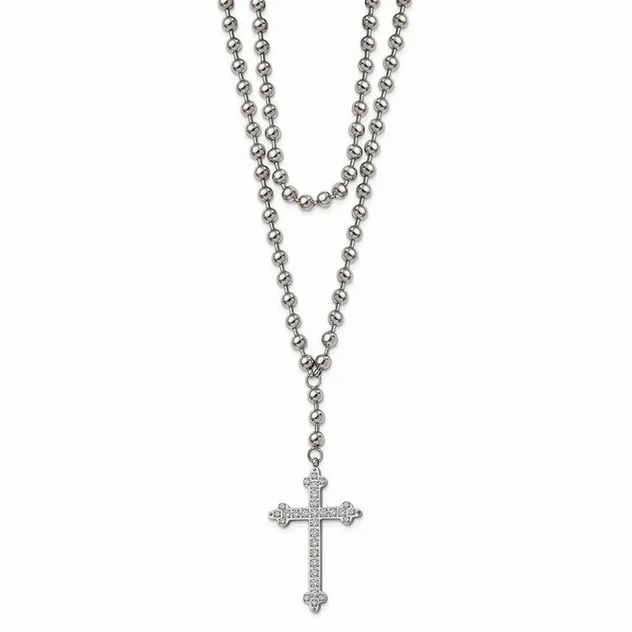 Chisel Stainless Steel Polished Cross wCrystal Two Bead Chain Necklace Necklaces Chisel Stainless Steel Polished Cross wCrystal Two Bead Chain Necklace Necklaces