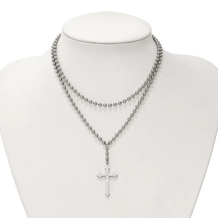 Chisel Stainless Steel Polished Cross wCrystal Two Bead Chain Necklace Necklaces Chisel Stainless Steel Polished Cross wCrystal Two Bead Chain Necklace Necklaces