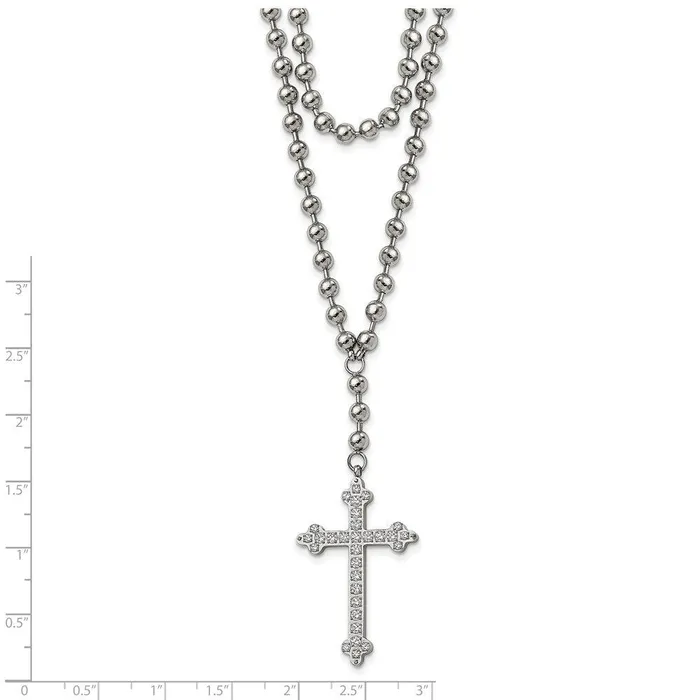 Chisel Stainless Steel Polished Cross wCrystal Two Bead Chain Necklace Necklaces Chisel Stainless Steel Polished Cross wCrystal Two Bead Chain Necklace Necklaces