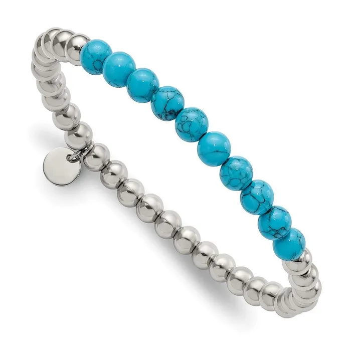 Chisel Stainless Steel Polished Synthetic Turquoise Beaded Stretch Bracelet Bracelets Chisel Stainless Steel Polished Synthetic Turquoise Beaded Stretch Bracelet Bracelets