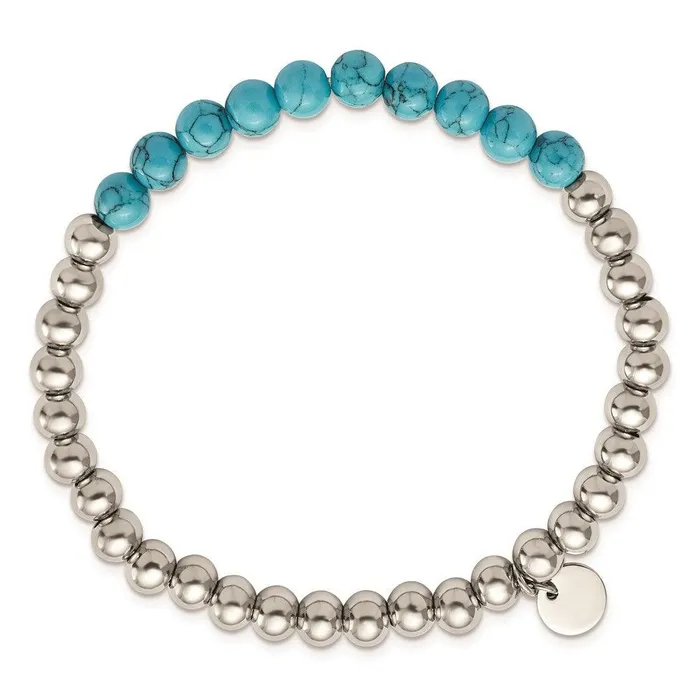 Chisel Stainless Steel Polished Synthetic Turquoise Beaded Stretch Bracelet Bracelets Chisel Stainless Steel Polished Synthetic Turquoise Beaded Stretch Bracelet Bracelets