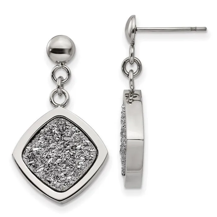 Chisel Stainless Steel Polished with Silver Druzy Post Dangle Earrings Earrings Chisel Stainless Steel Polished with Silver Druzy Post Dangle Earrings Earrings