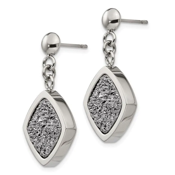 Chisel Stainless Steel Polished with Silver Druzy Post Dangle Earrings Earrings Chisel Stainless Steel Polished with Silver Druzy Post Dangle Earrings Earrings