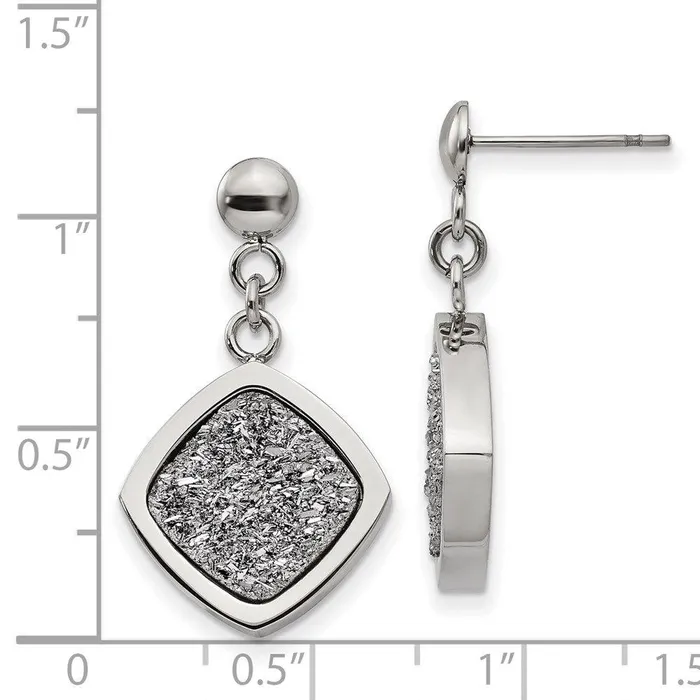 Chisel Stainless Steel Polished with Silver Druzy Post Dangle Earrings Earrings Chisel Stainless Steel Polished with Silver Druzy Post Dangle Earrings Earrings