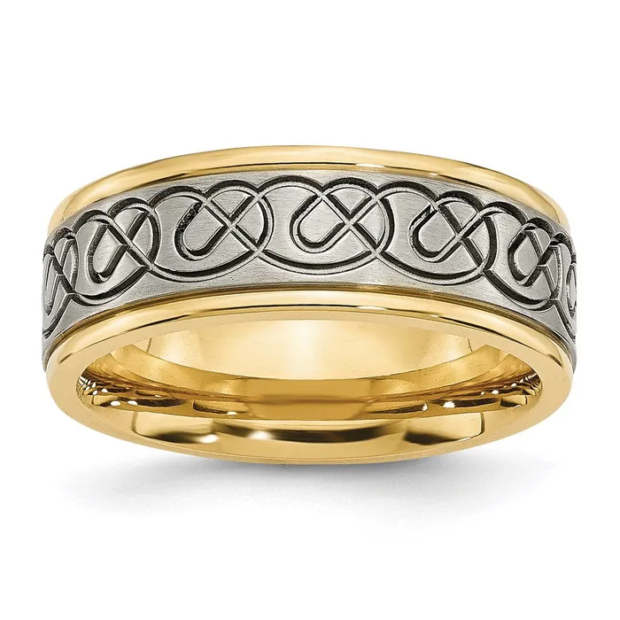 Chisel Titanium Scroll Design Yellow IPplated Grooved Edge BrushedPolished Band TB312 Rings Chisel Titanium Scroll Design Yellow IPplated Grooved Edge BrushedPolished Band TB312 Rings