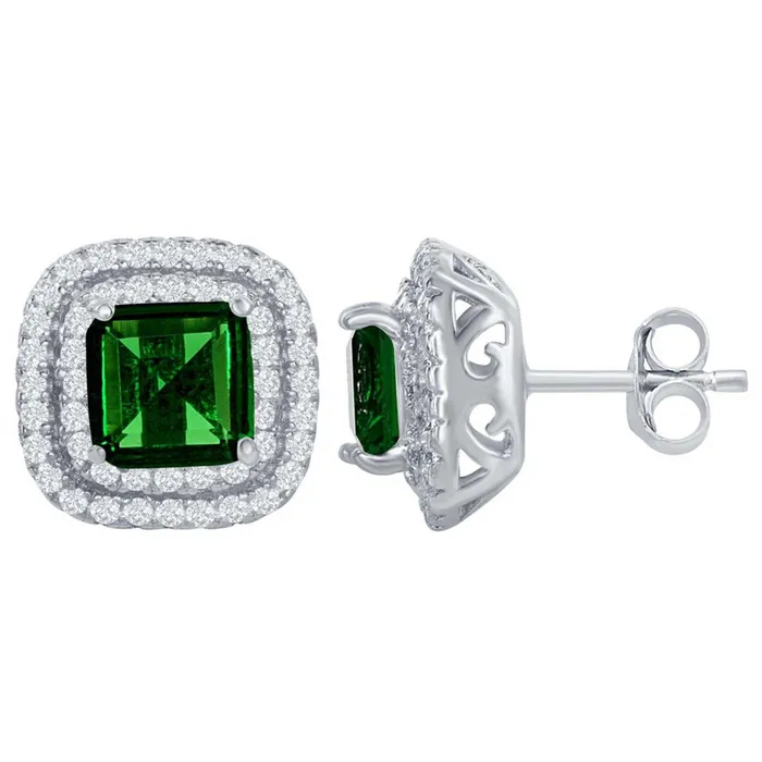 Classic Earrings Classic Womens Earrings SS Double CZ Square Border with Center Green CZ D6770 Classic Earrings Classic Womens Earrings SS Double CZ Square Border with Center Green CZ D6770