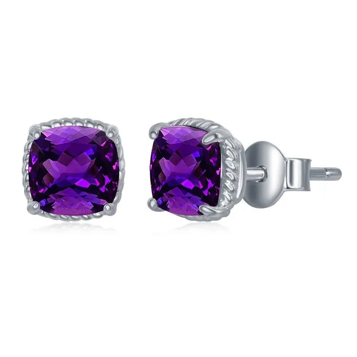 Classic Earrings Sterling Silver 6mm Cushion Cut Amethyst Earrings