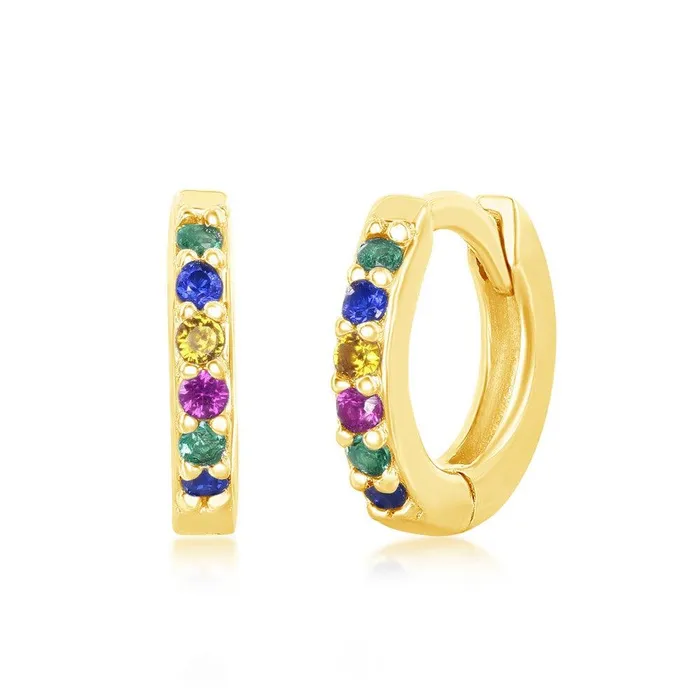 Classic Earrings Sterling Silver GP Rainbow CZ Small Huggie Hoop Earrings