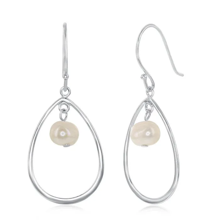 Classic Earrings Sterling Silver Open Pear Shape with Pearl Earrings