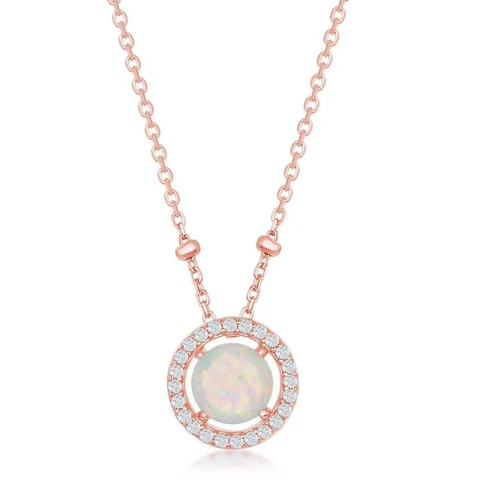 Classic Necklaces Sterling Silver Round White Opal with CZ Halo Beads Necklace Classic Necklaces Sterling Silver Round White Opal with CZ Halo Beads Necklace