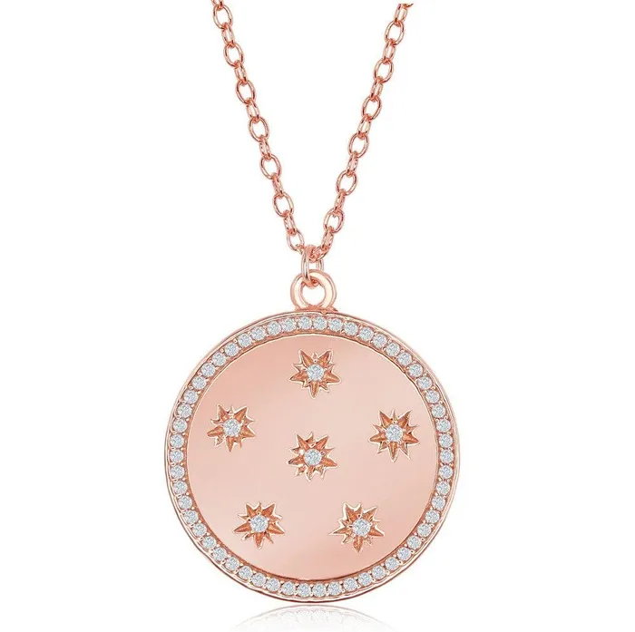 Classic Necklaces Sterling Silver Shiny Disc with CZ Stars and CZ Border Necklace Classic Necklaces Sterling Silver Shiny Disc with CZ Stars and CZ Border Necklace