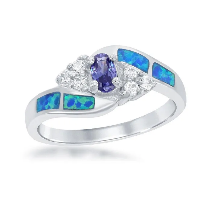 Classic Rings Sterling Silver Blue Opal Clear CZ Small Blue CZ Ring Size 7 Classic Rings Sterling Silver Blue Opal Clear CZ Small Blue CZ Ring Size 7