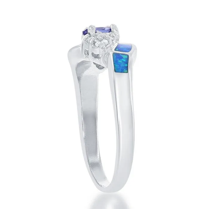 Classic Rings Sterling Silver Blue Opal Clear CZ Small Blue CZ Ring Size 7