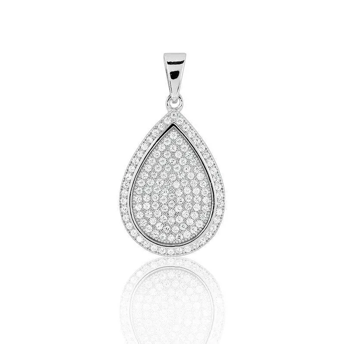 Classic Sterling Silver 129 stones Micro Pave Teardrop Pendant Necklaces