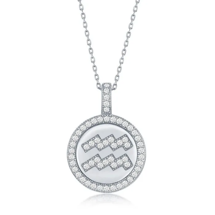 Classic Sterling Silver Aquarius Zodiac Disc Pendant Chain Necklaces