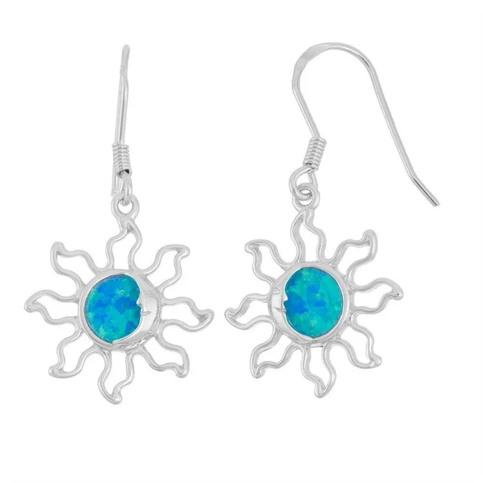 Classic Sterling Silver Blue Inlay Opal Dangling Earrings Earrings