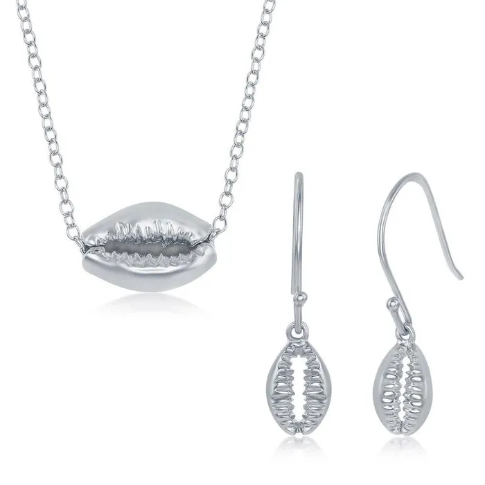 Classic Sterling Silver Cowrie Shell Necklace and Earrings Set Earrings
