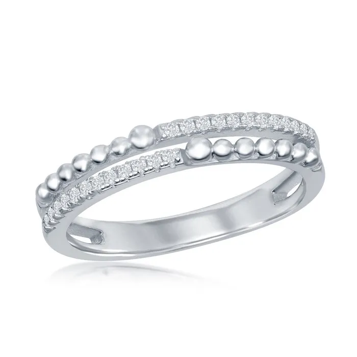 Classic Sterling Silver Half Beaded and CZ Double Band Ring W2111 Rings