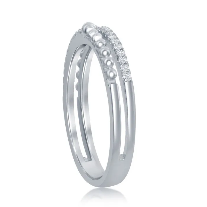 Classic Sterling Silver Half Beaded and CZ Double Band Ring W2111 Rings
