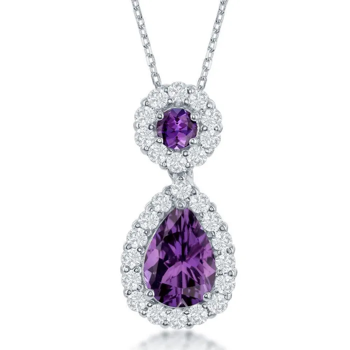 Classic Sterling Silver Round Teardrop Amethyst Center with White Topaz Border Pendant With chain Necklaces Classic Sterling Silver Round Teardrop Amethyst Center with White Topaz Border Pendant With chain Necklaces