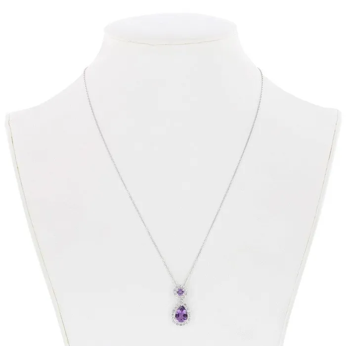 Classic Sterling Silver Round Teardrop Amethyst Center with White Topaz Border Pendant With chain Necklaces Classic Sterling Silver Round Teardrop Amethyst Center with White Topaz Border Pendant With chain Necklaces