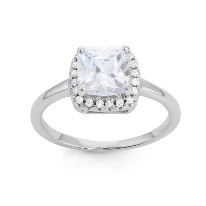 Classic Sterling Silver Square CZ with Clear CZ Border Ring W1530 Rings