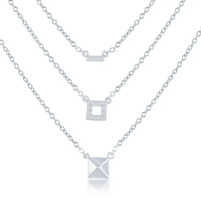 Classic Sterling Silver Square Triple Chain with CZ Necklace Necklaces