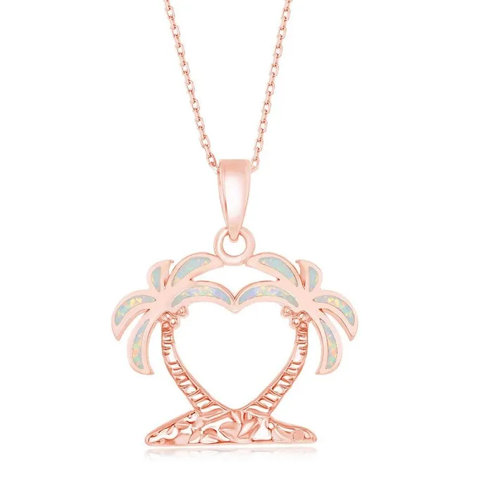 Classic Sterling Silver White Inlay Opal Two Palm Trees Pendant Rose Gold Plated Necklaces Classic Sterling Silver White Inlay Opal Two Palm Trees Pendant Rose Gold Plated Necklaces
