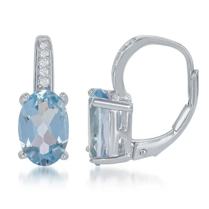 Classic Sterling Silver White Topaz Blue Oval Earrings Earrings