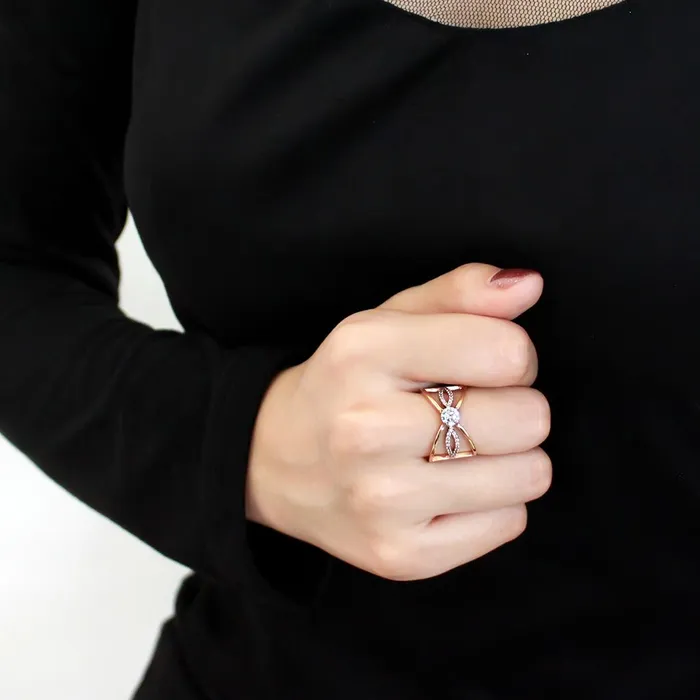 DA169 IP Rose GoldIon Plating Stainless Steel Ring with AAA Grade CZ in Clear Alamode Rings