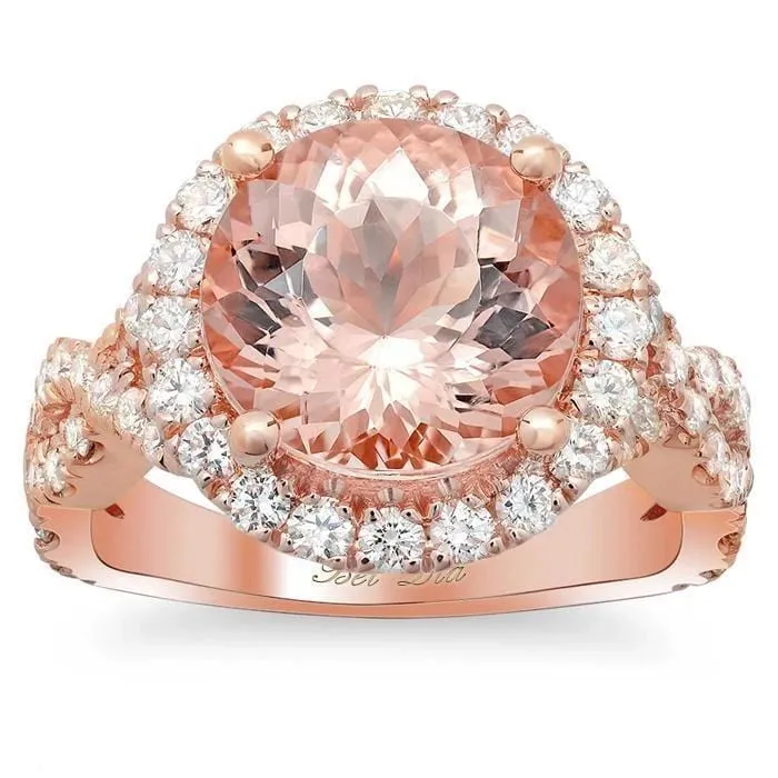 deBebians Rings Morganite Rose Gold Halo Engagement Ring with Twisted Split Shank deBebians Rings Morganite Rose Gold Halo Engagement Ring with Twisted Split Shank