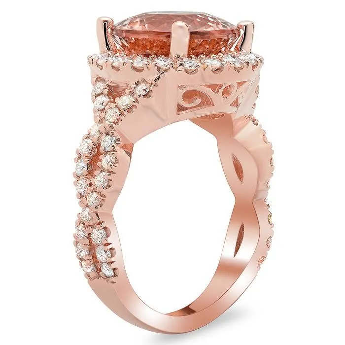 deBebians Rings Morganite Rose Gold Halo Engagement Ring with Twisted Split Shank